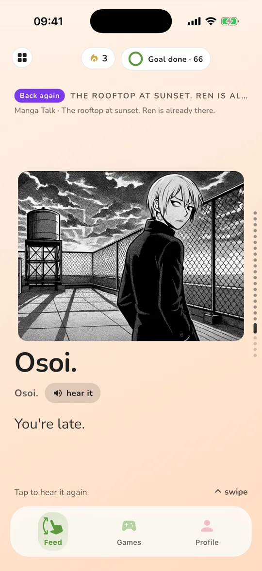 A Manga Talk comic strip panel with its line in romaji and English