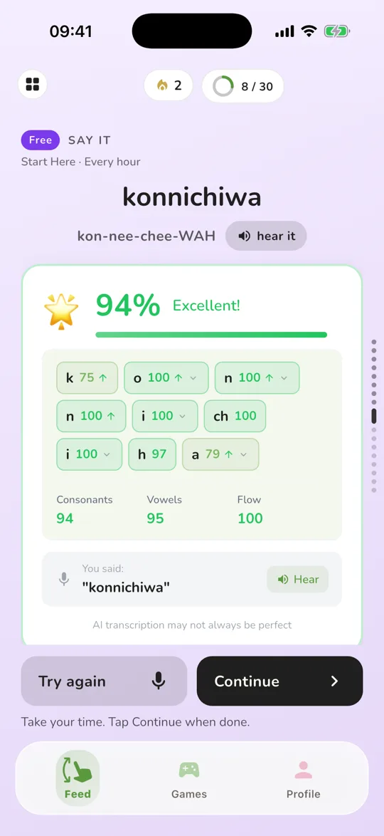 A Say It card in Matcha Chat scoring a learner 94 out of 100, with the sound to move named